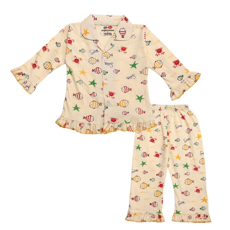Image of superminis Hosiery Cotton Night Suit with Frill - Full Sleeves, Collared Neck, Sleep Wear for Girls, Kids