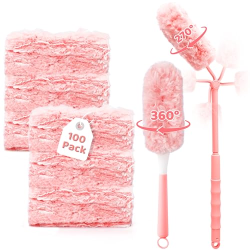 Image of 360 Dusters Refills for Cleaning - 100 Count Disposable Feather Duster Kit with 2 Handles, Multi-Surface Microfiber Feather Dusting Cleaner for Furniture Blinds Windows Ceiling Fans (Pink)