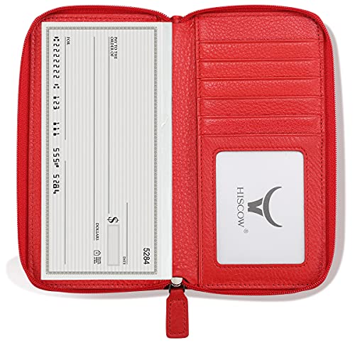 Image of HISCOW Leather Checkbook Cover, Zippered Wallet, Pebbled Red | Full grain cowhide, 5cc & ID window, personal check book & register pockets, removable duplicate divider, women secure zipper