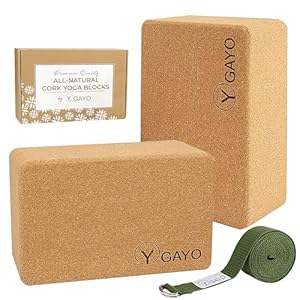 Cork Yoga Blocks Set, 2 Pack with Stretch Strap – Large, Sturdy, 9 X 6 X 4 inches, Premium Sustainable Natural Cork Blocks and Strap Set, Yoga Bricks for Superior Stability, Balance and Support in Yoga and Pilates Practice