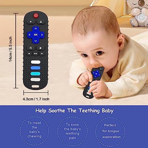 Robbear Baby Teething Toys, Food Grade Silicone Teether For Babies 3 6 12 18 Months, Tv Remote Shape Toddlers Chew Toys, Freezer Bpa Free (Black+Blue) #TOP3