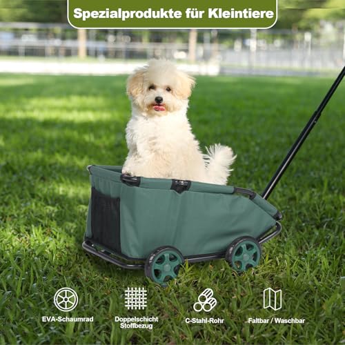 Mini-Hundewagen für Mini-Haustiere, faltbarer multifunktionaler Einkaufswagen mit ausziehbarem Ziehgriff, Doggie Wagon eingebautem Kissen und Sicherheitsseil mit Aufbewahrungstasche (Dunkelgrün)