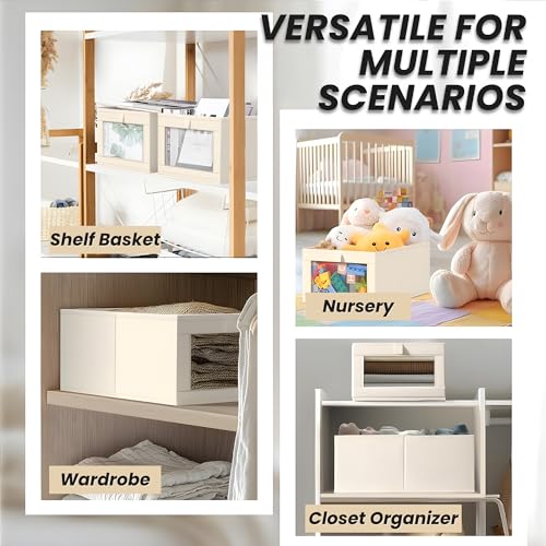 Image of OCEANEVO Set of 4 Linen Wardrobe Organizer for Storage WITH Luggage Tag, Foldable Cupboard Organizer for Clothes, Closet Organiser Basket with Clear Window - 40 x 27 x 17 Cm - Beige