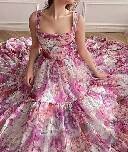 Noufany Elegant A-Line Evening Gown for Girls Tulle Floor Length Floral Print Prom Dress with Pleats 20253