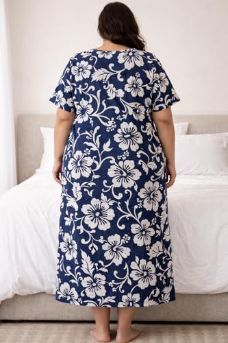 Image of OFEEFAN Women's Plus Size Cotton Nighty, Printed Full Length Maxi Night Gown, Soft Breathable Nightdress Sleepwear for Curvy Women, 3XL to 7XL