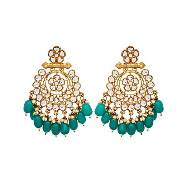 Vanee Traditional Gold Plated Alloy Green Beads and White Kundan Chandbali Earring for Women