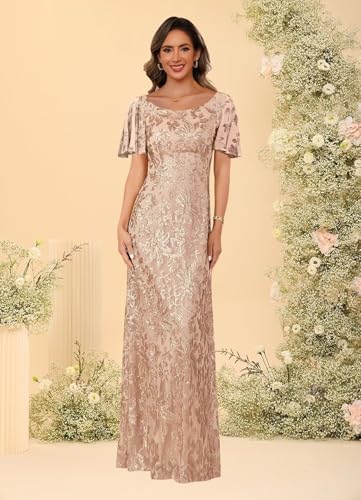 YOFF Mermaid Mother of The Bride Dresses for Women Short Sleeves Sequin Evening Formal Dress YO2523