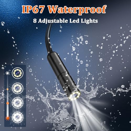 Caméra endoscope double objectif avec lumière, Ferdiiz 1080P HD Boréscope avec 4.3" IPS Écran, IP67 Caméra d'inspection étanche 8+1 réglable LED Lumières, caméra endoscopique flexible-32.8FT 10M câble