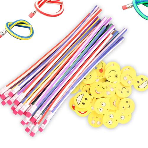 NUDVMUCH Set de 25 lápices flexibles y gomas de borrar con emojis. Ideal para fiestas infantiles