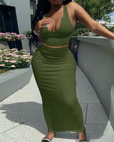 Image of Women Sexy Two Piece Skirt Outfits Long Sleeve /Sleeveless V Neck Bodycon Ribbed Knitted Maxi Club Party Dress