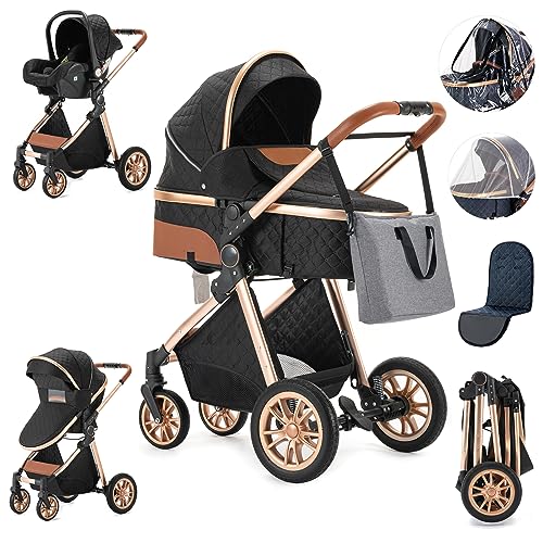 Zkiprm 3 in 1 Stroller, Infant Stroller with Automobile Seat, Portable Baby Stroller, One-Click Folding, Combination Stroller Landscape High Aluminum Frame