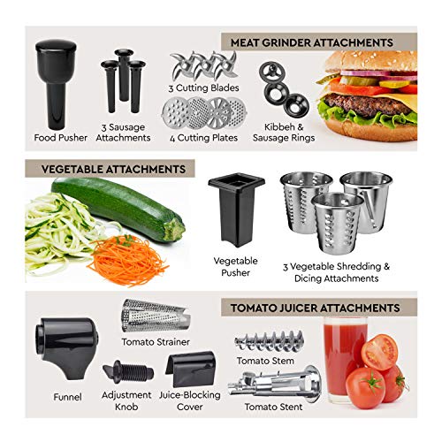 ChefWave Electric Meat Grinder - FDA Certified - Stainless Steel Heavy Duty 1800W Max 3-Speed - 4 Grinding Plates, 3 Cutting Blades, Vegetable Slicer, Tomato Juicer, Sausage Stuffer Tubes, Kibbeh Kit