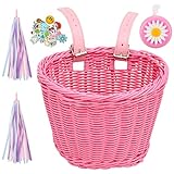 Cesta de Bici Infantil - Canasta Delantera Trenzada para pequeños Ciclistas - Complementos para Bicicletas(Rosa)