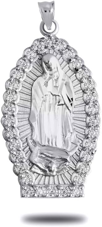 Claddagh Gold 925 Sterling Silver 1-1/5" CZ-Accented Blessed Our Lady of Guadalupe Miraculous Pendant Necklace - Choose Pendant Only or Necklace with Chain