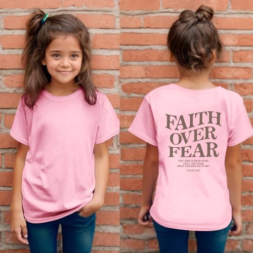 Image of Faith Over Fear Shirt Christian Jesus Tshirts for Girls Religious Inspirational Tees Bible Verse Tops for Kids 3-12