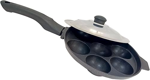 Sartén antiadherente Appam con 7 cavidades con tapa de acero inoxidable para estufa de gas Appa Patra Pan Kuzhi Paniyaram Maker con un mango