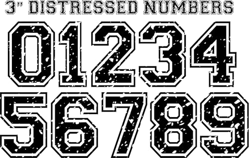 Distressed Iron On Numbers 0-9 Set | 3 Inch Tall Faded Vintage DTF Transfers for T-Shirts | Weathered Font Heat Transfer Vinyl for Apparel, Hats, Bags | DIY Clothing Patches
