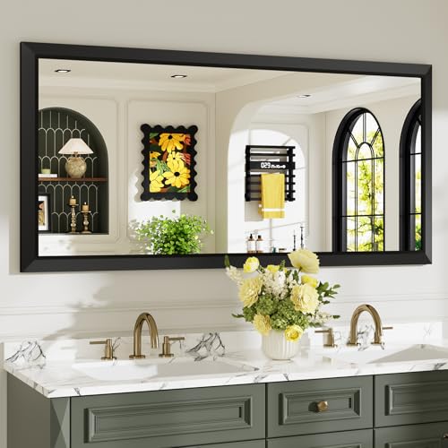 Image of 60x28 Inch Black Bathroom Mirror for Wall, Beveled Framed Rectangle Bathroom Vanity Mirrors for Over Sink, Bedroom, Living Room, Entryway, Anti-Rust, HD Tempered Glass, Horizontally /Vertically