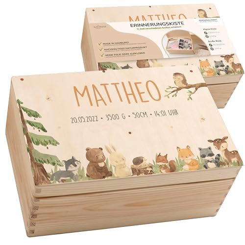 KIDSMOOD - Erinnerungsbox Baby, personalisierte Holzkiste mit Deckel, Ideal zur Aufbewahrung von Erinnerungen und als Geschenk zur Geburt, Taufe oder als Geburtstagsgeschenk für Mädchen und Jungen