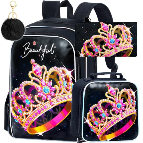 Image of CCJPX 3Pcs Backpack for Girls, 16 inch Kids Crown Bookbag with Lunch Box, Water Resistant Elementary School Bag for Kindergarten Preschool Toddler (Black)