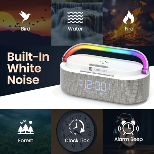 Image of Portronics String 16W HD Sound Bluetooth Speaker with 15W Wireless Charging, RGB LED Lights, Digital Clock with Alarm Setting, Built-in White Noise, USB /SD Card /AUX in, Type C Charging(White)