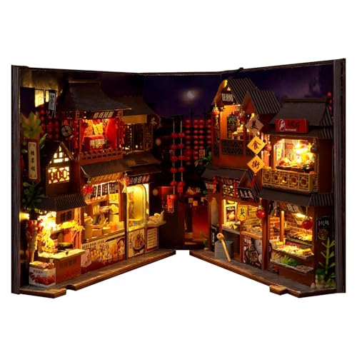Esquina para libros en miniatura – Estilo chino 3D, sujetalibros rompecabezas de madera con luz LED, inserto decorativo para casa de muñecas, decoración de mesa, callejón de estantería, kit creativo