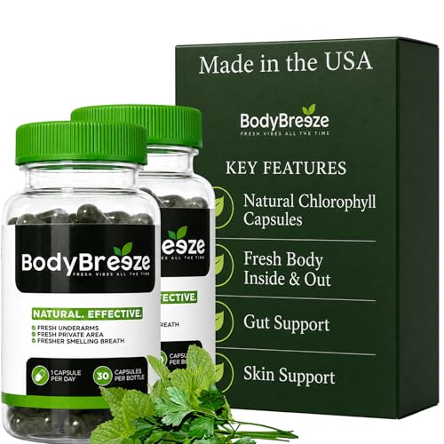 BodyBreeze Internal Deodorant Supplement | Natural Chlorophyll 60 Capsules for Body Odor Control Gut Health and Fresh Breath | Vegan Detox Support & Skin Health | Odor Eliminator for Men & Women