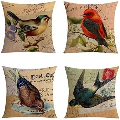【Bailand】Set of 4 Natural Lovely Birds Cushion cover,Sofa cushion Car Office Pillowcase,Beige Cotton Blend Linen Decorative Pillow Cover 18X18 Inch (45X45CM)