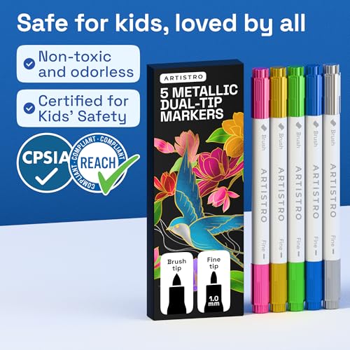 Image of ARTISTRO 5 Metallic Acrylic Paint Markers - Paint Pens for Drawing - For Fabric, Rock, Glass, Wood, Molds - Arts & Crafts Gift for Adults, Teens, Kids, Classroom Must Haves & School Supplies