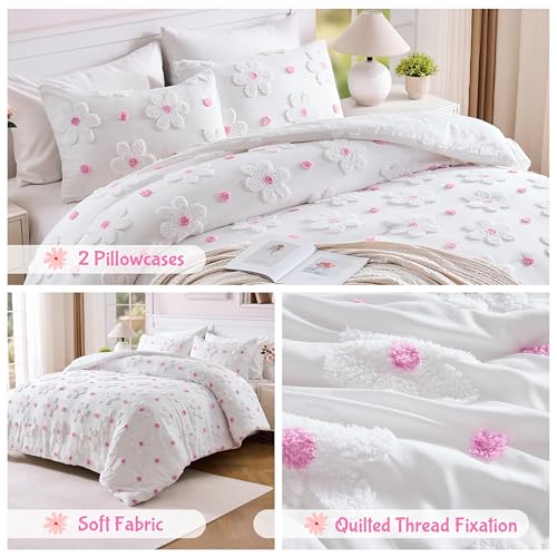 Image of Twin Size Comforter Set for Girls Pink Tufted Daisies Flowers Bedding Sets
