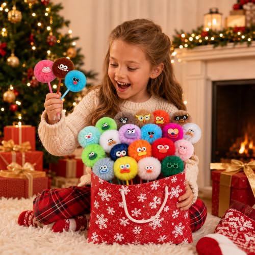 Image of CZWZ 24 Pack Pom Pom Pens Fluffy Cute Pens - Funny Emoji Face Kawaii Plush Novelty Gel Ink Pens 0.5mm for Kids Girls, Classroom Prizes, Treasure Box Toys, Party Favors & Back to School Gifts