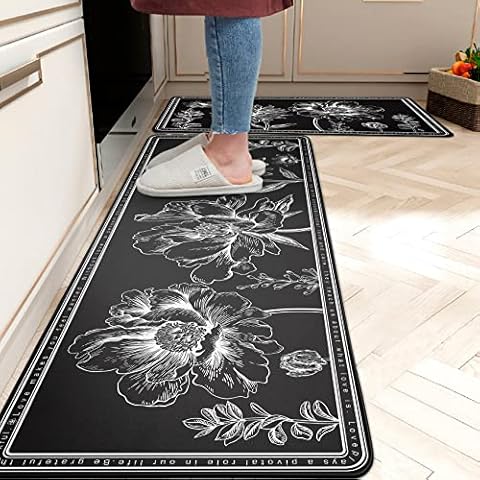 Chiinvent Schwarze Küchenmatten mit Blumenmuster, 2 Stück, Gothic-Schwarz und Weiß, Küchenteppiche, rutschfest, saugfähig Cover
