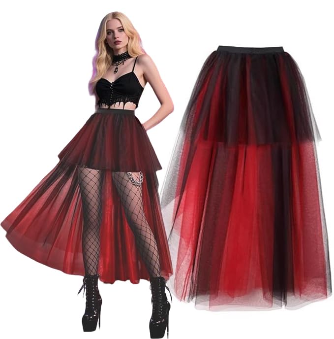 LUKIUP Jupe Tulle Femme Avant Court Arrière Longue, Jupe Tulle Asymétrique Tutu Multi Robe Tulle pour Soirée Spectacle Festival Carnaval Halloween Noir et Rouge