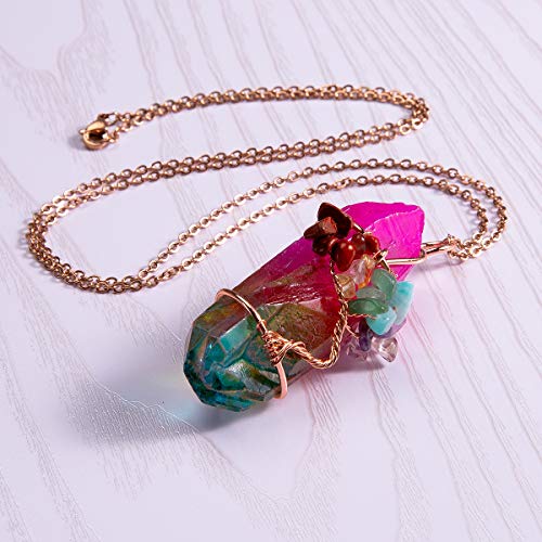 Bivei Tree of Life 7 Chakra Gemstone Copper Wire Wrap Irregular Clear Quartz Point Crystal Pendant Necklace(Rose Gold Plated Chakra-Titanium Coated Multi Color)