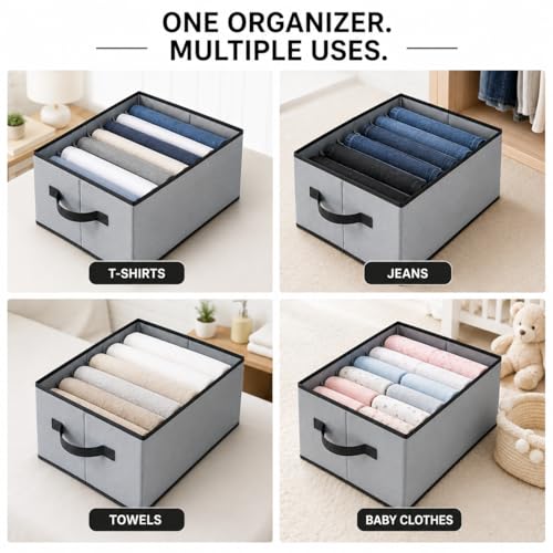 Image of 7 Grids Non Woven Storage Box, Cloths Drawer Organizer Wardrobe Drawer Organizer For Jeans, Tshirt, Leggings, Sweaters Jeans Pants Storage Organizer Box grey