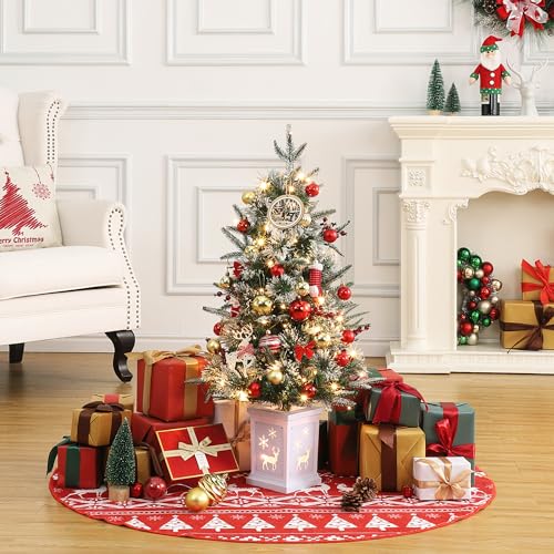 Christmas Tree, 3 Ft Pre-Lit Artificial Christmas Trees with Potted Base, Snow Flocked Small Christmas Tree with 70 Lights, Christmas Decoration, Battery Operated Timer Function