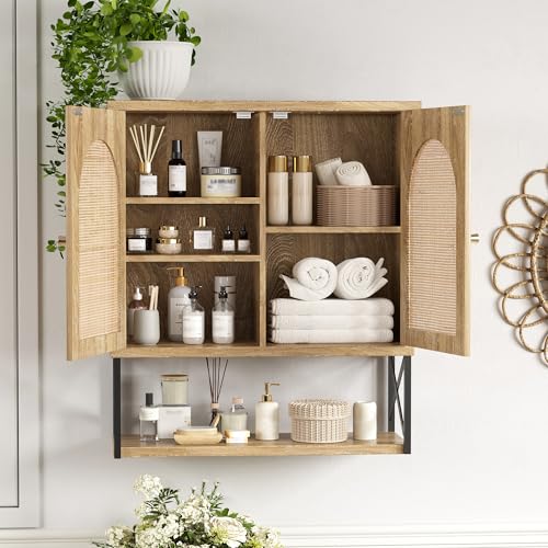 Image of Rattan Bathroom Wall Cabinet, Boho Medicine Wall Cabinet with Double Doors and Adjustable Shelves, Tall Kitchen Wall Mounted Storage Cabinet, Floating Space Saver Over Toilet, Natural