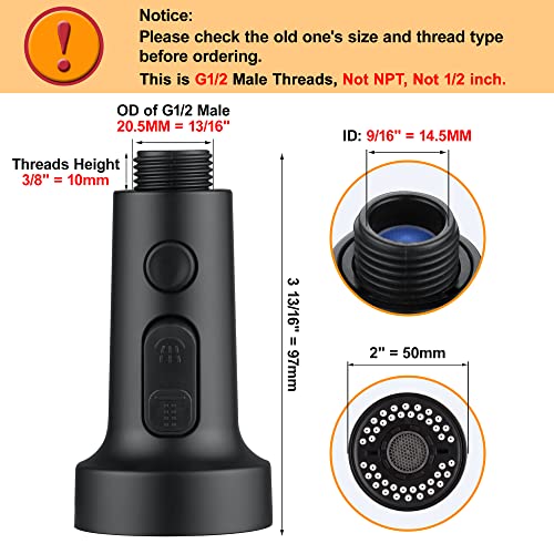 Pull Down Faucet Spray Head - 3 Mode Kitchen Faucet Head Replacement Part, G1/2 Pull Out Sprayer Nozzle, Matte Black, Male Connector #TOP1