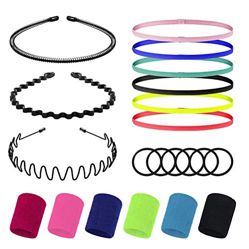 27 Pcs Thick Non-Slip Elastic Sports Headbands Set ，Elastic Silicone Grip Exercise Hair with Metal Headbands Fashion Headwear Sports Wristband Hair Accessories for Men and Women