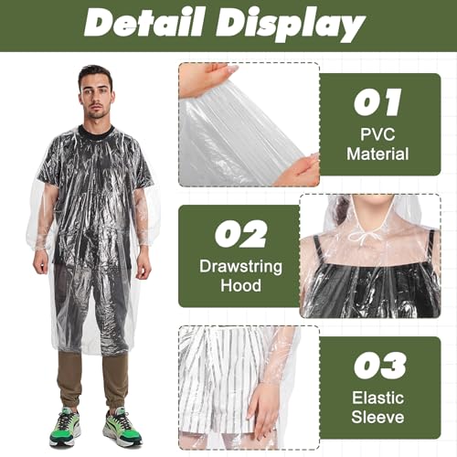 40 Pack Disposable Rain Ponchos for Adults,Bulk Clear Elastic Sleeve Disposable Raincoat with Drawstring Hood,Emergency Poncho for Man Women Travelling,Camping Hiking3