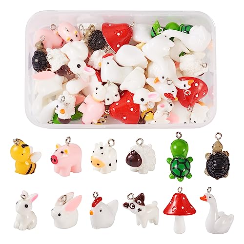 Beadthoven 48Pcs 12 Style Animals Resin Charm Pendants 3D Mini Mushroom Pig Bee Turtle Cow Sheep Chicken Goose Dog Rabbit Farm Dangle Charm Beads For Diy Earring Necklace Keychain Jewelry Making #TOP6