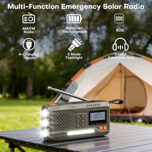 Wind Up Solar Radio, 4500mAh Rechargeable Portable Battery Radio, AM/FM Survival Hand Crank Radio with LCD Display, Emergency Survival Equipment with Torch, SOS, USB Phone Charger for Outdoor - Image 4