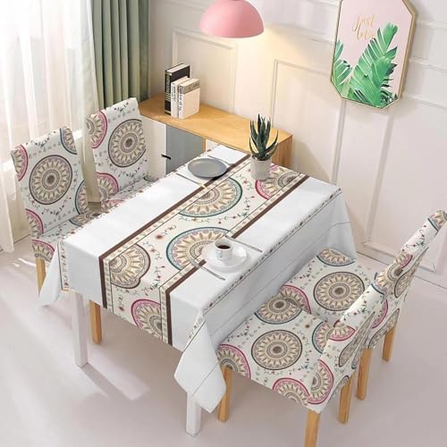Styleys Dining Chair Covers with Rectangular Table Cover | Waterproof Dining Table Cloth for Kitchen & Dining Room - 1 Table Cover + 4 Chair Cover, White Mandala Print, XKFSZB-11A
