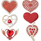 Junkin 6 Pcs Love Heart Brooch Pin Women Crystal Rhinestone Gift Hollow Lapel Crystal Brooch Pins for Girls Party Wedding Festivals Valentine's Day (Red,Classic)