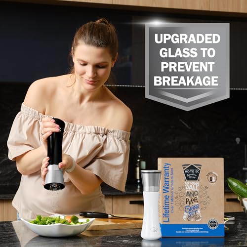 Image of HOME EC Stainless Steel Salt and Pepper Grinder Set of 2 - Adjustable Ceramic Sea Salt Grinder & Pepper Grinder - Glass Salt and Pepper Shakers - Pepper Mill & Salt Mill W /Funnel - Black and White