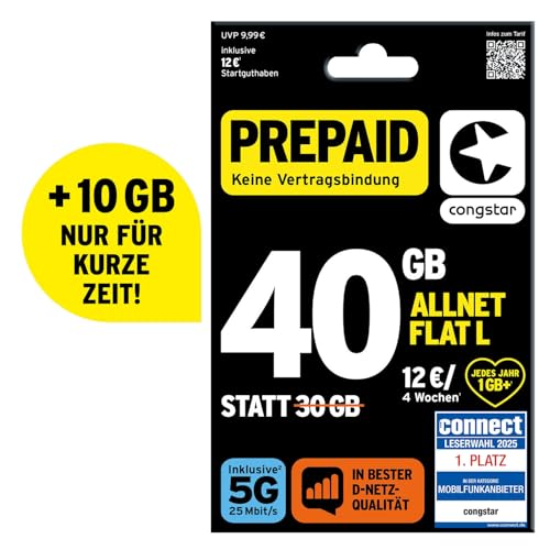 congstar Prepaid ALLNET L SIM-Karte ohne Vertrag I 40 GB Vielsurfer Prepaid-Paket in D-Netz-Qualität I 5G mit 25 Mbit/s + 12€ Startguthaben I Telefonie & SMS Flat in alle dt. Netze I EU-Roaming inkl.