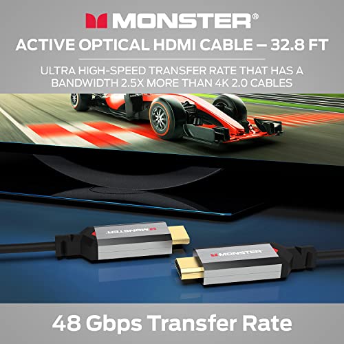 Monster Essentials Directional Fiber Optic Hdmi 2.1-48 Gbps Active Optical Cable Featuring Aluminum Extrusion Connector - Supports 8K @ 60Hz, 4K @ 120Hz, Premium Certified, V-Grip, 32.8Ft #TOP2