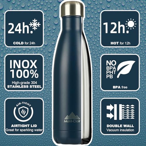 Image of Mont-Clair Stainless Steel Water Bottle, Vacuum insulated - BPA Free, 12h Hot & 24h Cold Drinks, Metal Water Bottle 17 oz Leakproof, Ideal for Adult, Kids, Running - Dark Blue