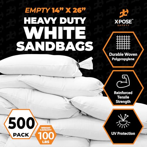 Image of Xpose Safety Heavy Duty Sand Bags with Tie Strings - Empty Woven Polypropylene Sandbags for Hurricane Flood Protection, 100 lb Capacity, 14 inch x 26 inch, White, Pack of 500