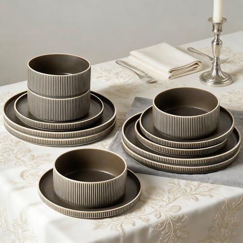Image of Stoneware Dinnerware Sets for 4, 12Pcs Plates and Bowls Set, Matte Green